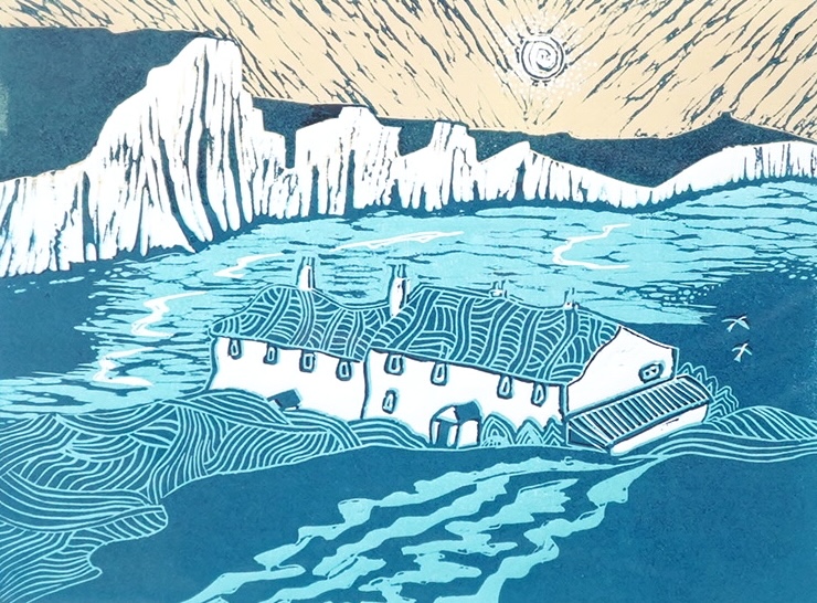 Marion Prentice, Cuckmere Haven, signed in pencil, local interest, linocut, 22 x 31cm